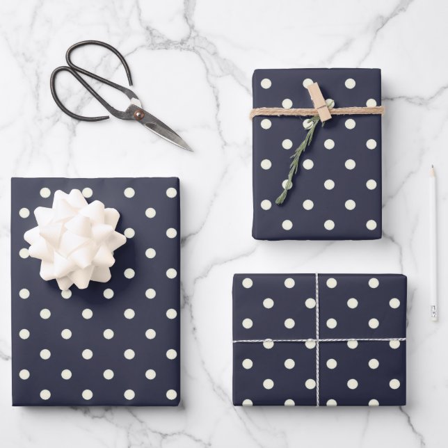 Arranged Symphony of Indigo Blue & White Polka Dot Wrapping Paper Sheet (Front)