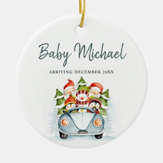 Arriving Baby Boy Pregnancy Announcement Ceramic Tree Decoration (Front)