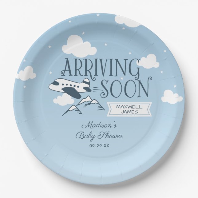 Arriving Soon Aeroplane Baby Shower Invitation Paper Plate (Front)