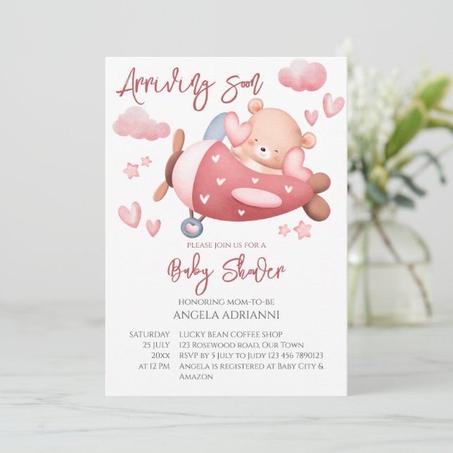 Arriving soon pink teddy bear tiny pilot invitation (Standing Front)