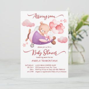 Arriving soon tiny pilot pink teddy bear invitation