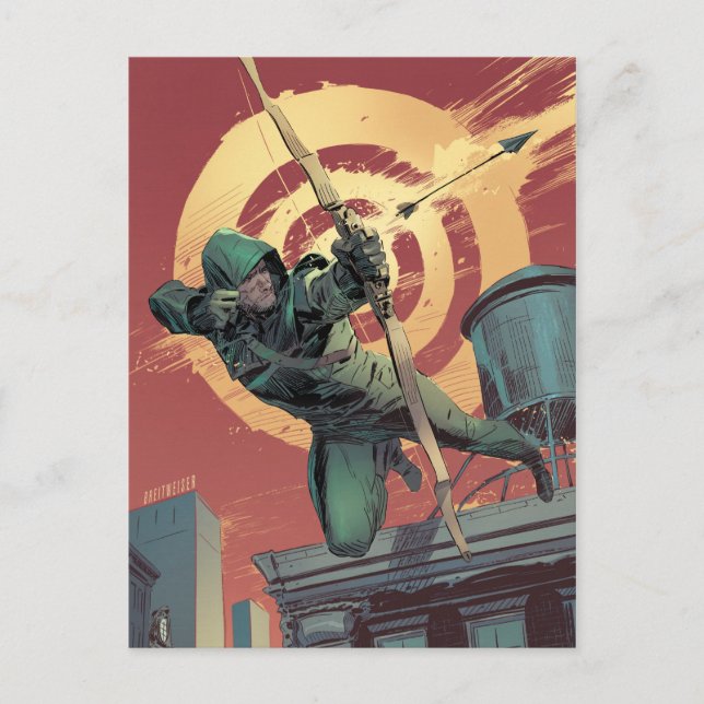 Arrow | Green Arrow Fires From Rooftop Postcard (Front)
