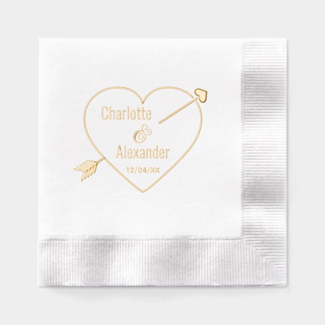 Arrow Pierced Heart Ampersand Couple Names Date Foil Napkins (Front)