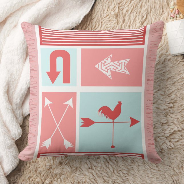 Arrow Urban Farm Aqua Red Rooster Colour Block Cushion (Blanket)