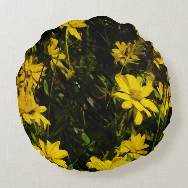 Arrowleaf Balsamroot Yellow Wildflower Abstract Round Cushion (Back)