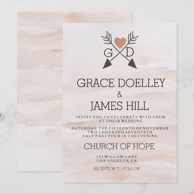 Arrows and Heart Rustic Watercolor Wedding Invite (Front/Back)