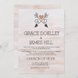Arrows and Heart Rustic Watercolor Wedding Invite