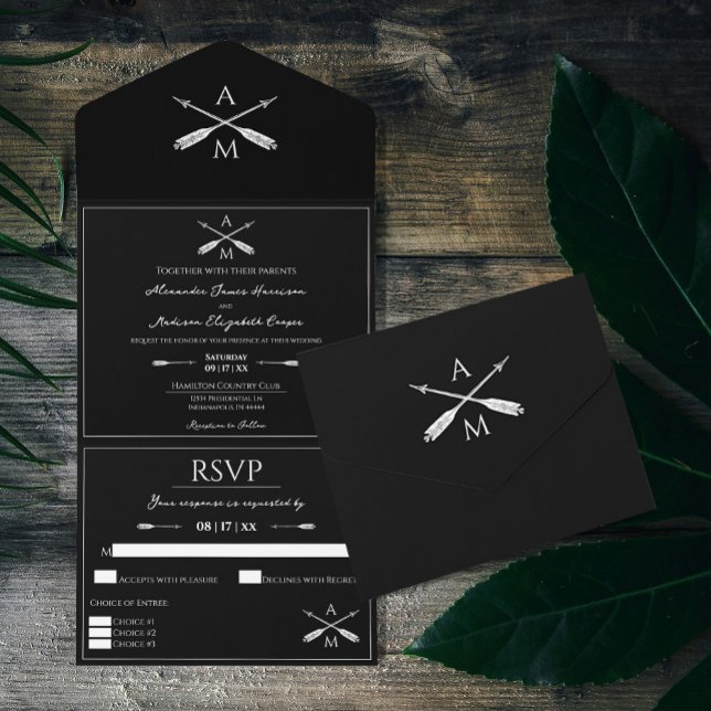 Arrows and Monograms Wedding | Black All In One Invitation (Black Arrows and Monograms Wedding All in One Invitation)