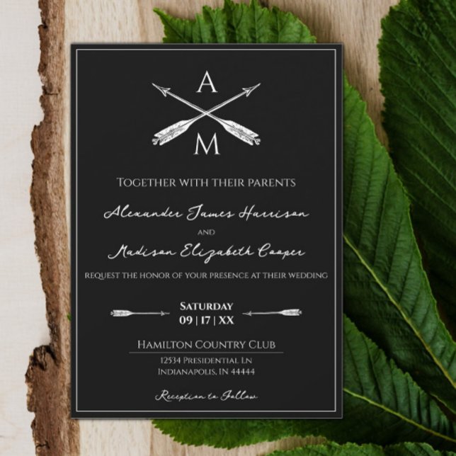 Arrows and Monograms Wedding | Black Invitation (Black Arrows and Monograms Wedding Invitation)