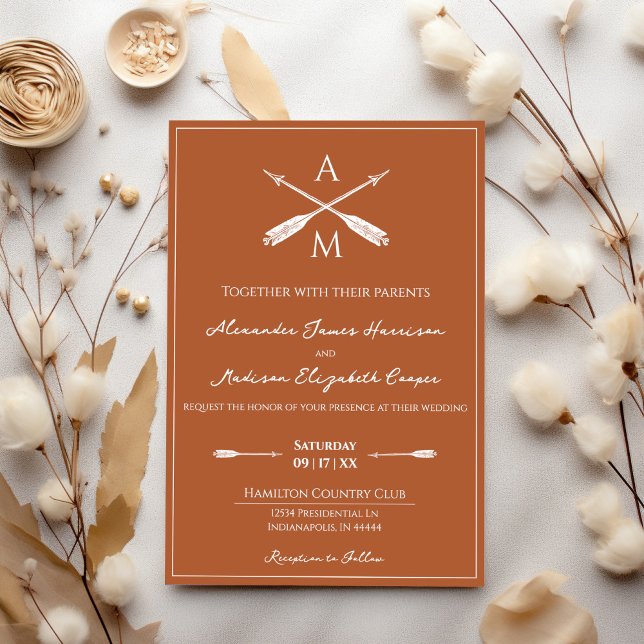 Arrows and Monograms Wedding | Burnt Orange Invitation (Burnt Orange Arrows and Monograms Wedding Invitation)