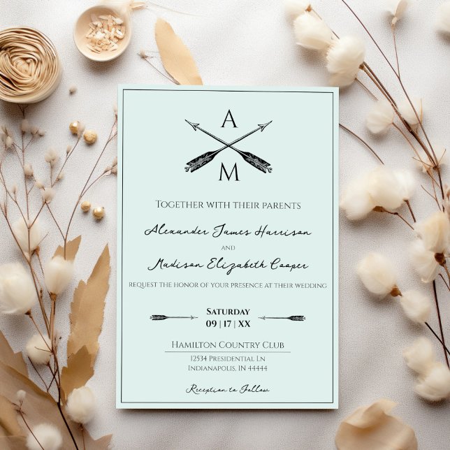 Arrows and Monograms Wedding | Mint Green Invitation (Mint Green Arrows and Monograms Wedding Invitation)