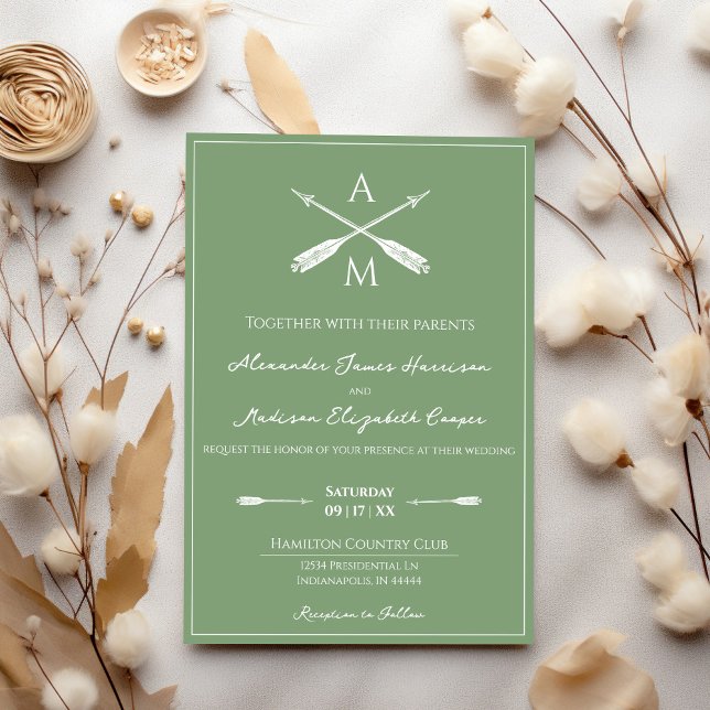 Arrows and Monograms Wedding | Moss Green Invitation (Moss Green Arrows and Monograms Wedding Invitation)