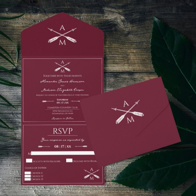 Arrows and Monograms Wedding | Wine Red All In One Invitation (Wine Red Arrows and Monograms Wedding All in One Invite)