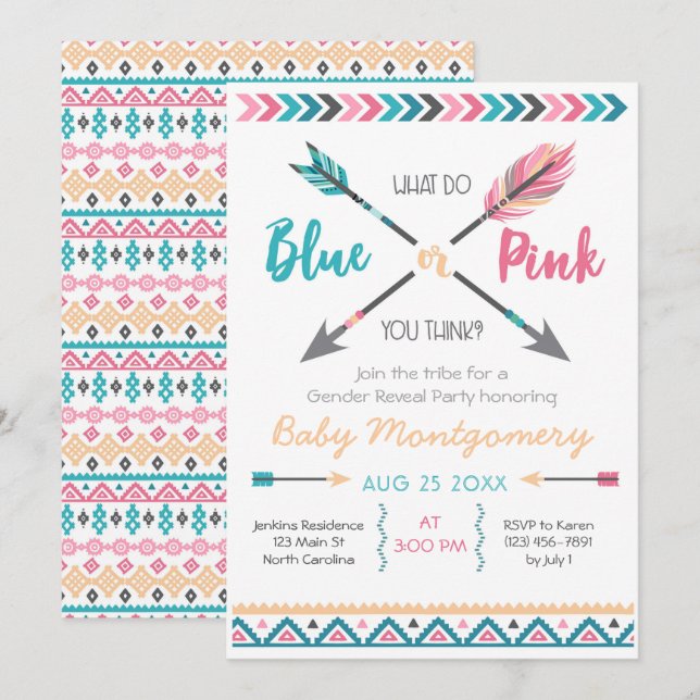 Arrows Gender Reveal Party Invitation Feathers Boh (Front/Back)