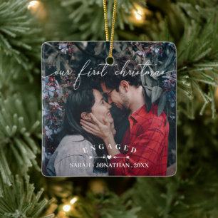 Arrows & Heart First Christmas Engaged Photo Ceramic Ornament