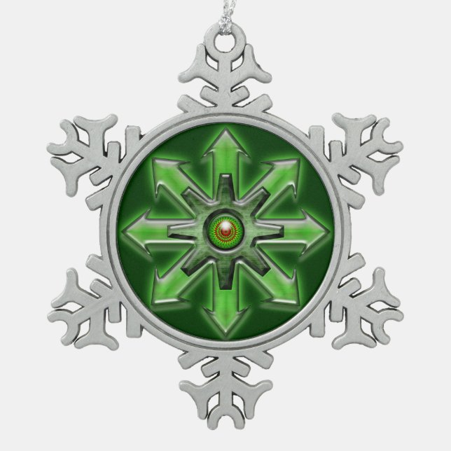 Arrows of Chaos – Green Snowflake Pewter Christmas Ornament (Front)