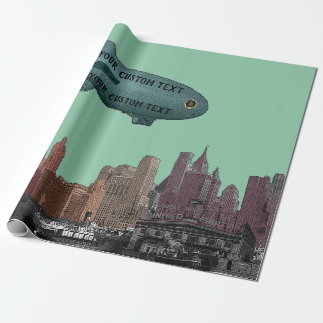 ART 1930'S BLIMP NEW YORK CITY SKYLINE  YOUR TEXT WRAPPING PAPER (Unrolled)