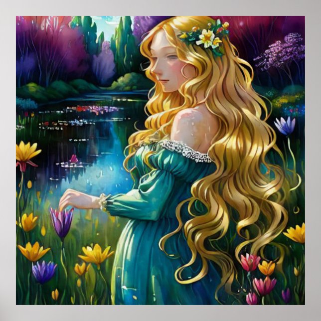 *~  Art Blonde Woman Flowers Woman Pond AP56  Poster (Front)