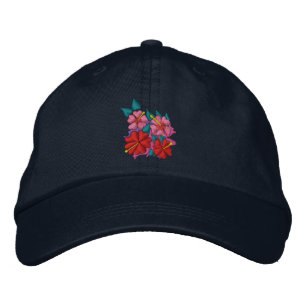 Art Cap: Christmas Hibiscus Flowers. Navy Embroidered Hat