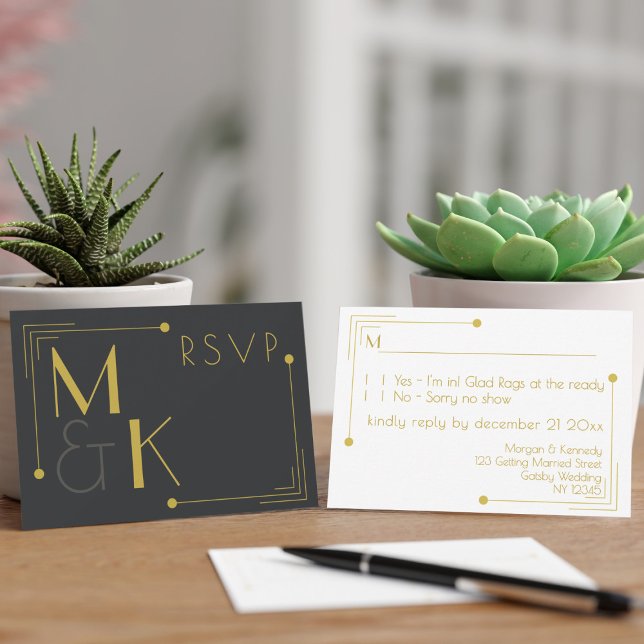 Art Deco 1920 Wedding Black Gold RSVP Cards (RSVP for your 1920s theme Gatsby Wedding. Just add your details)