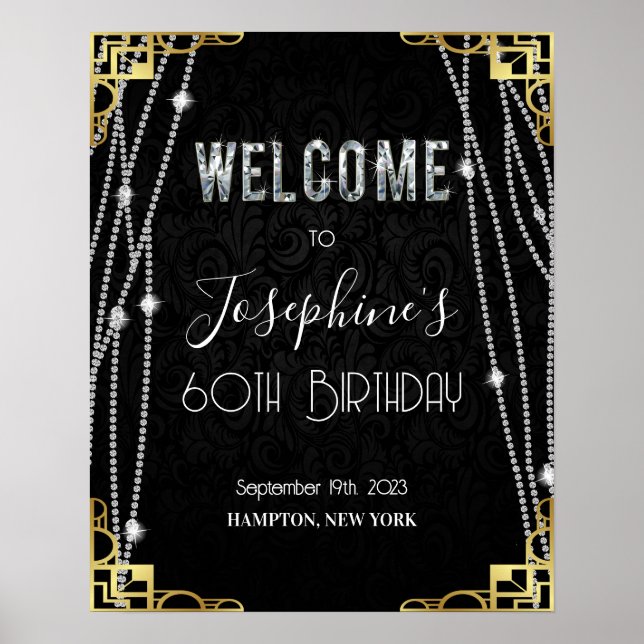 Art Deco 1920s Black and Gold Diamond Welcome Sign (Front)
