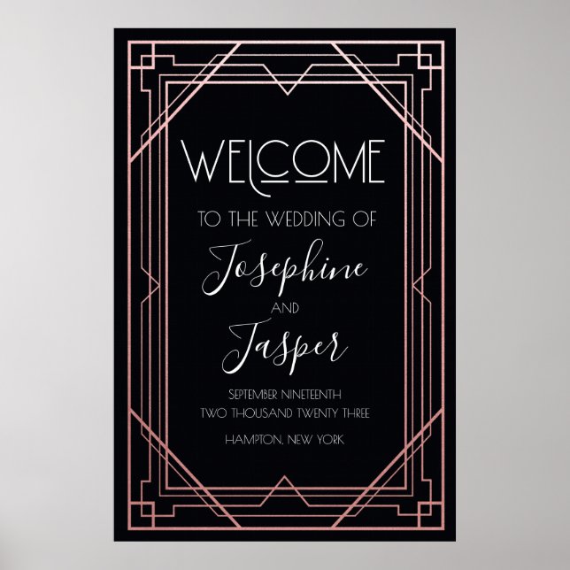 Art Deco 1920s Black and Rose Gold Welcome Sign (Front)