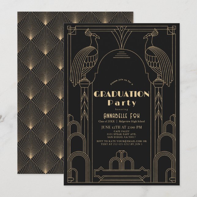 Art Deco 1920's Black Peacock Graduation Invitation (Front/Back)