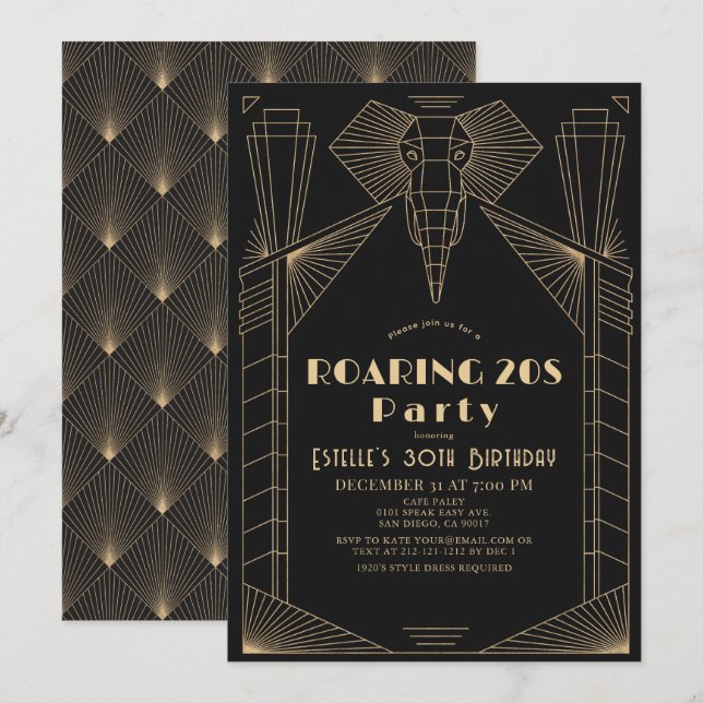 Art Deco 1920's Elephant Roaring 20s Birthday Invitation (Front/Back)