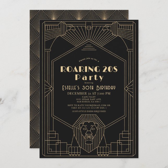 Art Deco 1920's Gatsby Lion Roaring 20s Birthday Invitation (Front/Back)