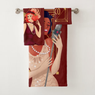 Art Deco 1920s Glam Ladies Gold Burgundy Bath Towel Set