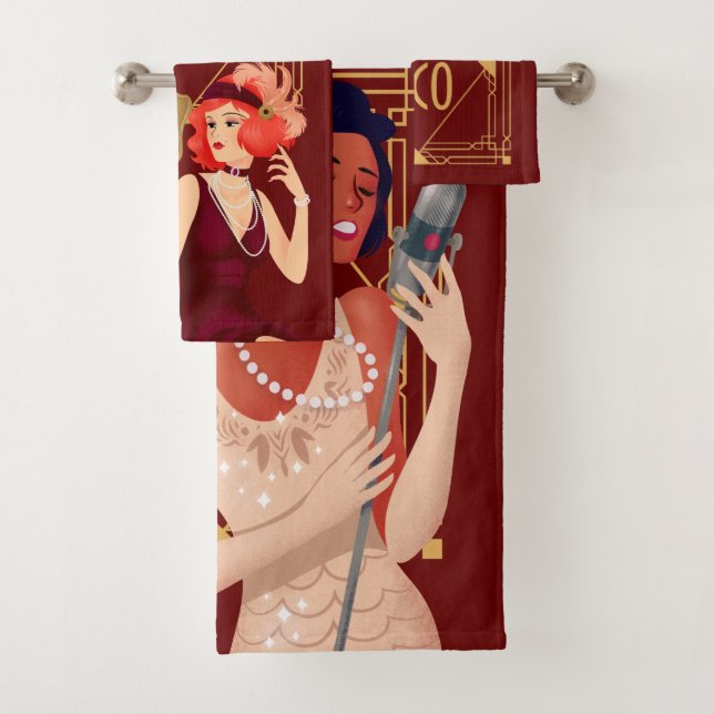 Art Deco 1920s Glam Ladies Gold Burgundy Bath Towel Set (Insitu)