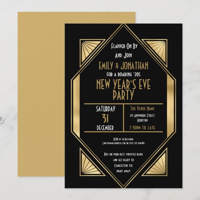 Art Deco 1920s Gold Black New Years Eve Party Invitation (Front/Back)
