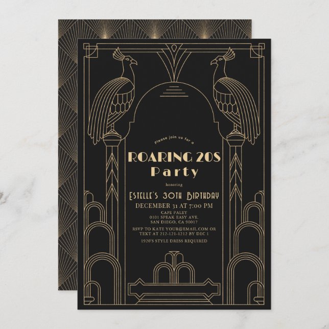 Art Deco 1920's Peacock Roaring 20s Birthday Invitation (Front/Back)