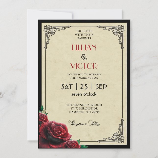 Art Deco 1920's Red Rose Wedding  Invitation (Front)