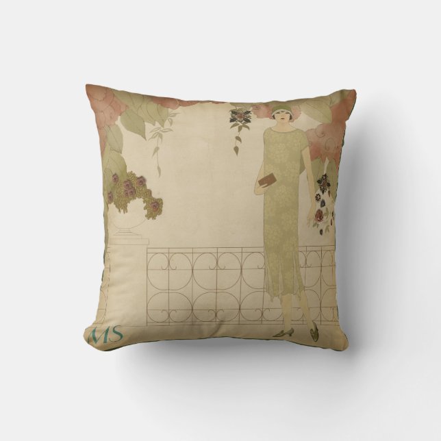 Art Deco 1920s Twenties Olive Vintage Monogram Cushion (Front)