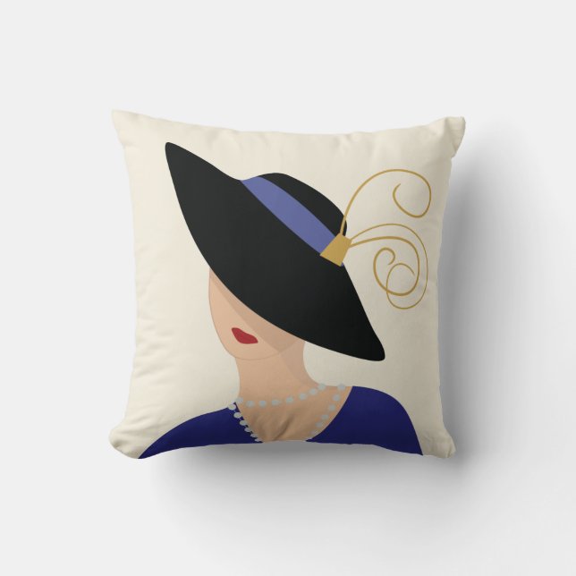 Art Deco 1930s Fashion Plate Woman in Black Hat Cushion (Front)