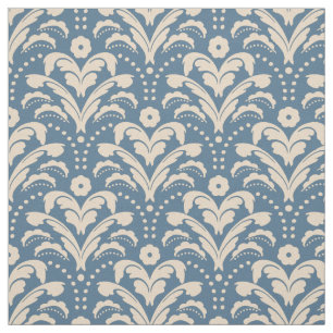Art Deco 1930s Floral Damask Blue and Beige Fabric