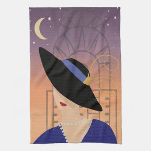 Art Deco 1930s Woman in Hat with Chrysler Building Tea Towel