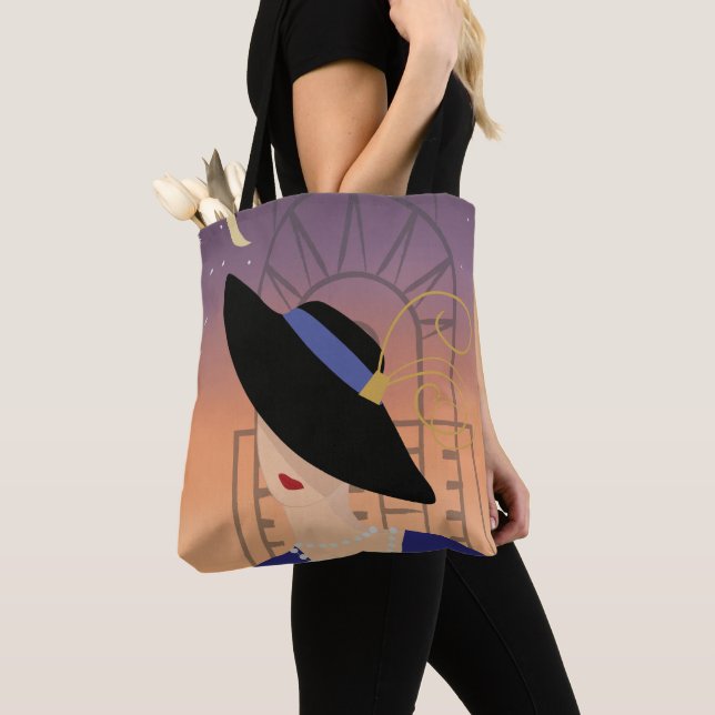 Art Deco 1930s Woman in Hat with Chrysler Building Tote Bag (Close Up)