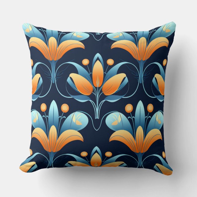 Art Deco 1 blue orange flowers Cushion (Front)