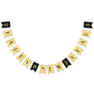 Art Deco 2025 Happy New Year Party Black Faux Gold Bunting