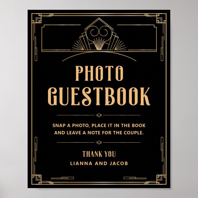 Art Deco 20s Black Gold Wedding Photo Guestbook  (Front)