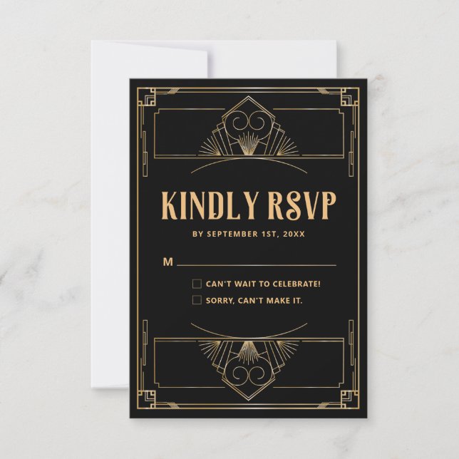 Art Deco 20s Elegant Black Gold Wedding RSVP Card (Front)