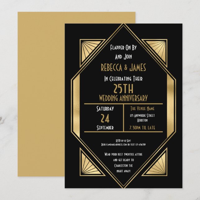Art Deco 25 years Silver Wedding Anniversary Invitation (Front/Back)