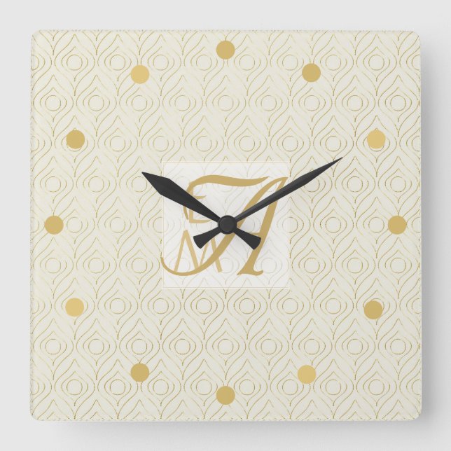 Art Deco 3 Initial Monogram Gold Cream Pattern Squ Square Wall Clock (Front)