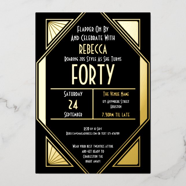 Art Deco 40th Birthday Black Gold Real (Front)