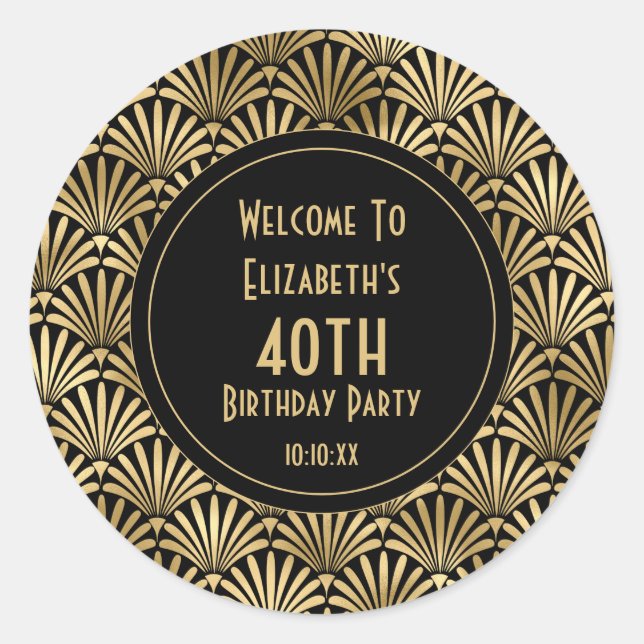 Art Deco 40th Birthday Party  Black | Gold Favour Classic Round Sticker (Front)