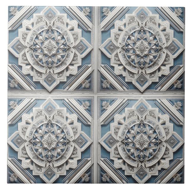 Art Deco 4 squares Lines All shades Grey Blue Tile (Front)