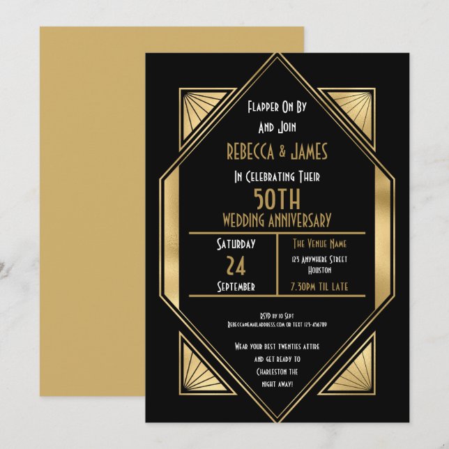 Art Deco 50 Years Golden Wedding Anniversary Invitation (Front/Back)