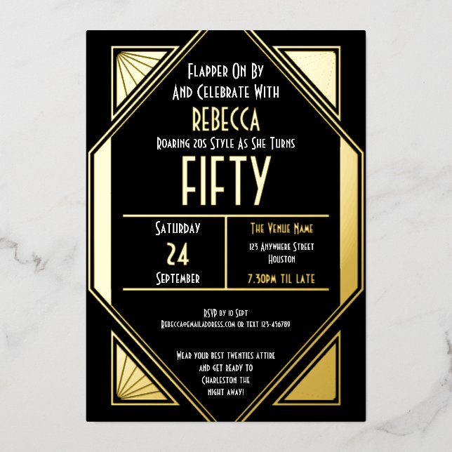 Art Deco 50th Birthday Black Gold Real (Front)